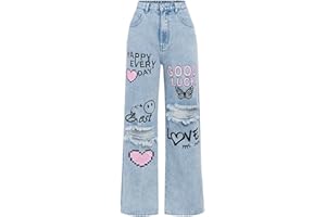 Momolaa UK Girls Cute Jeans Straight Wide Leg Jeans Letter Print Relaxed Fit Pants Streetwear Y2k Trousers Elastic High Waisted Loose Fit Demin Pants for Teenage Girls