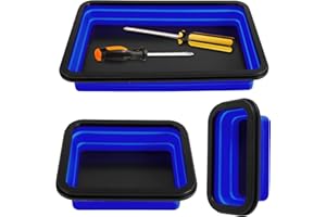 Generic 3Pcs Collapsible Magnetic Parts Tray Set 3 Different Size Magnetic Tool Tray Silicone Foldable Tool Holder for Screw, Bolts, Nuts, Washers, Pins and Other Small Metal Parts(Blue)