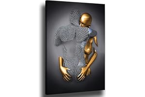 chongjian Liebe Herz 3D Grau Leinwand Wandkunst Moderne Gemälde 3d Abstrakt Umarmung Wanddekoration Schwarz und Weiß Metallfigur Skulptur Effekt Bild Wohnzimmer Dekoration (Mit Rahmen-B, 16x24in)