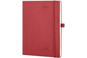 POPRUN Agenda Settimanale 2026 Verticale 22 x 16,5 cm, Copertina Morbida in Pelle Vegana, Planner 2026 con Tag Mensili, Carta Spessa da 100 GSM, Borgogna