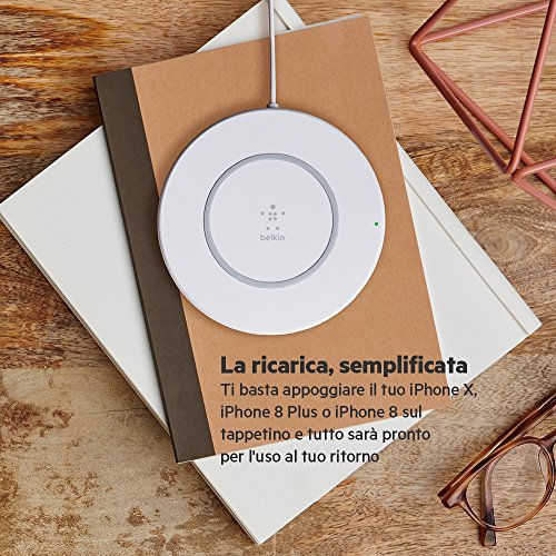Belkin Boost Up Tappetino di Ricarica Rapida Wireless, 7.5W, Iphone X/8/8+ e Altri Dispositivi, Tecnologia Qi, Progettato in Collaborazione con Apple, Certificazione Qi, Caricatore Eu Incluso, Bianco