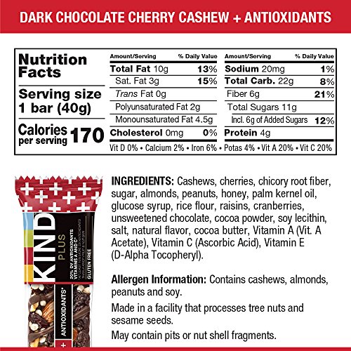 KIND PLUS, Dark Chocolate Cherry Cashew + Antioxidants, Gluten Free Bars (Pack of 12)