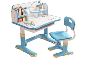 YIRTREE Kids Desk and Chair Set, Kids Widened Desktop Cartoon Pattern Desk, Height Adjustable Student Study Table with Drawable Desktop, School Study Desk School Home Study Table from UK Fast Arrival Blue