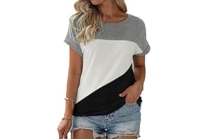 Fisoew Damska koszulka z okrągłym dekoltem, blok kolorów, krótki rękaw, na lato, luźna bawełna