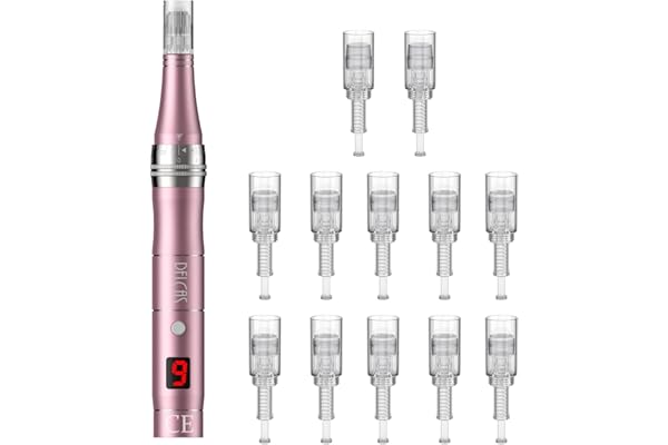 Stylo Beauté Microneedling 9 Vitesses, PELCAS Électrique Microneedling avec Écran LCD et 12 Cartouches pour Soin Visage & Corps