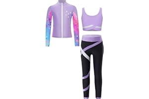 Mufeng 3 Pezzi Tuta da Ginnastica Bambina Giacca da Pattinaggio Artistico con Pantaloni Leggings Top Corto Reggiseno Completo Danza Moterna Jazz Hip Hop