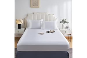 DuShow Fitted Sheet-Deep Pocket Satin Silky Bed Sheet,Breathable Soft and Comfortable-Wrinkle,Fade,Satin and Abrasion Resistant(Double,White)
