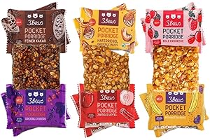 Set di degustazione 3Bears Pocket Porridge I 12 barrette di muesli vegano da 55 g nei gusti mela-cannella, frutti di bosco, fragola, banana-semi di papavero, frutta esotica e cacao I barretta di avena