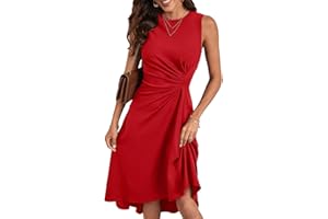 HUXRAKV Vestito Donna Elegante da Cerimonia Abito Solido Pieghe in Vita Abito Midi con Linea ad A Vestiti da Cocktail Estivi Senza Maniche