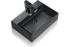 TEAL HOME Lavabo in ceramica – 60 x 42 x 14 cm – Lavabo da appoggio rettangolare – con foro per rubinetto e troppopieno – lavabo piccolo ospiti WC lavabo lavabo a mano lavabo da appoggio nero