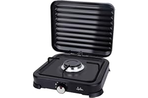 JATA JECG2721 - Cocina de gas portátil de 1 fuego con parrilla. Apta para butano y propano. Con tapa protectora extraíble. Ideal para camping. Ocupa poco espacio