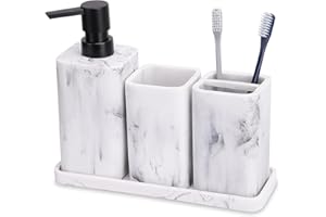 ZCCZ Badezimmer Set 4 Teile – Badezimmer Organizer mit Zahnbürstenhalter, Zahnputzbecher, Seifenspender, Seifenschale, für Kosmetik und Wattestäbchen – Edle Badezimmer Deko in Marmor-Optik, weiß