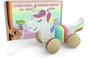 WoodyWood® Nachziehspielzeug Einhorn, Holzspielzeug für Babys und Kinder, Kinderspielzeug ab 1 Jahr zum Ziehen, Schieben, Spielen, Nachziehtier zur Förderung der Bewegung & Motorik
