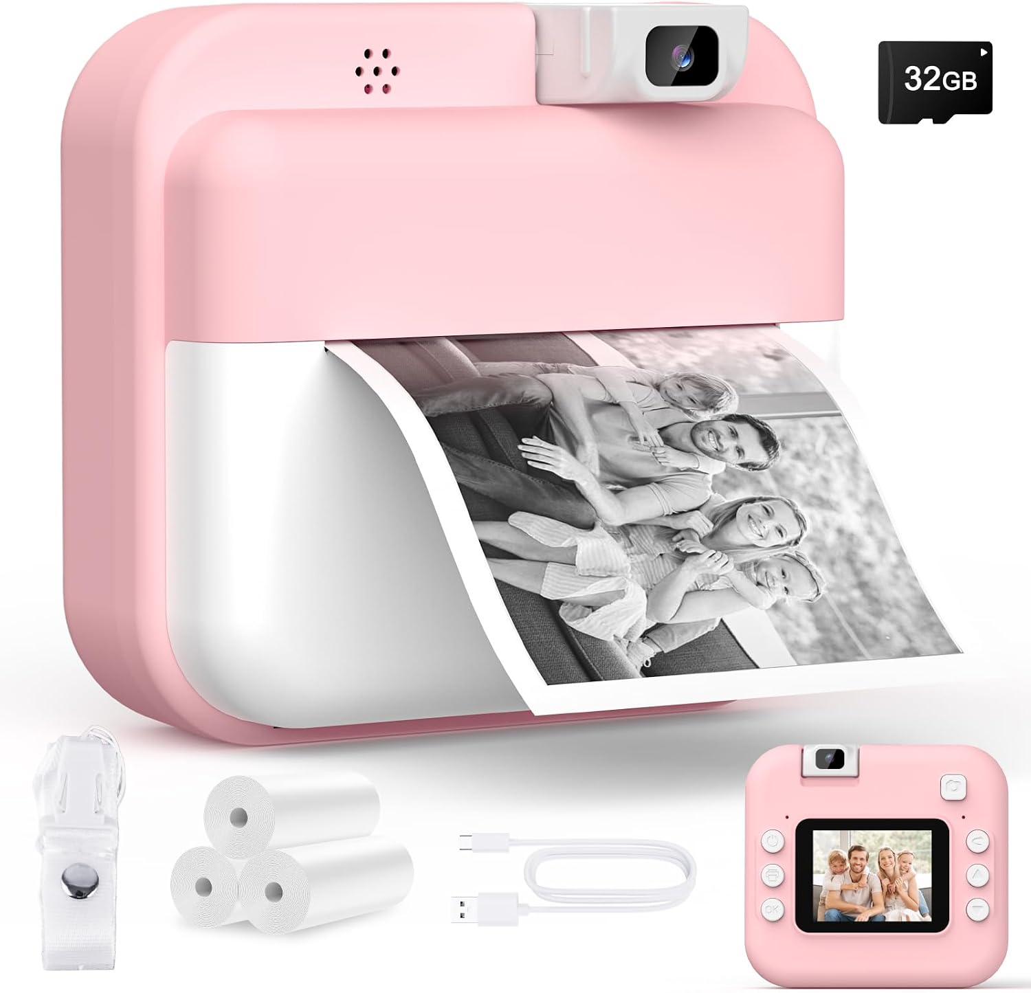 Teoryieer Cámara de Fotos Instantánea, Pantalla HD de 2.0 Pulgadas y 48 MP, 1080P cámara de Fotos Infantil, Tarjeta de 32 GB y 3 Rollos de Papel de Impresión, Ideal para Niños de 3 a 12 Años (Rosa)