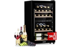 Klarstein Weinkühlschrank, Getränkekühlschrank Schmal, 2 Zonen Kühlschrank mit Glastür, Getränkekühlschränke Freistehend, Weinkühlschrank Klein, Weinkühlschränke mit UV-Schutz, 5-18°C, 34 Flaschen
