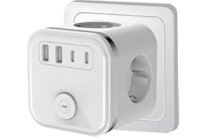 ALEMIN 7 en 1 Cubo Enchufe USB, Ladron Enchufes 3680W, Múltiples Pared Con 3 Tomas de CA, 2 USB, 2 Tipo C y Interruptor, Regleta Con Cargador Para Hogar Oficina, Blanco