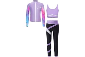 Oyolan Enfant Fille Ensemble Sport Survêtement Veste Débardeur Legging Gym Tenue Gymnastique Patinage Danse Entraînement 5-16 Ans