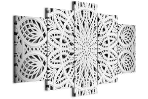 Cuadros B&D XXL - Cuadro en Lienzo Mandala Zen Spa 200x100 cm - 5 piezas - Impresión en material tejido no tejido cuadros decoracion salon modernos lienzos - Blanco Oriente Vintage f-A-0581-b-n