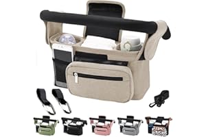 Tyuodna Kinderwagen Organizer Universal,Buggy Tasche mit 2 Isolierten Getränkehaltern, Große Kapazität & Abnehmbarer Schultergurt, Rutschfeste Haken für Kinderwagen/Buggy (Beige)