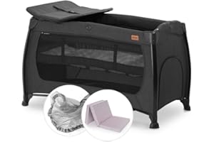 hauck Relax Center Set Lettino da Campeggio per Bambini con Materasso, Culla da Campeggio Neonati, Inserto Neonato, Zanzariera, Fasciatoio e Borsa - (Apertura laterale, Nero melange)