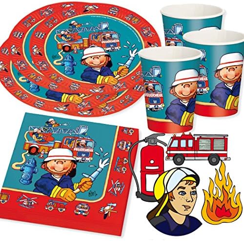 Fire Brigade Set of Paper Plates + Napkins + Paper Cups for Children's Birthday Parties 36 pcs [German Language]
