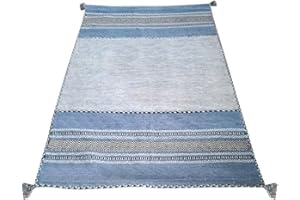 Pierre Tappeti Tappeto ANTIQUE-KILIM azzurro tessuto a mano in cotone e ciniglia cm.70x140