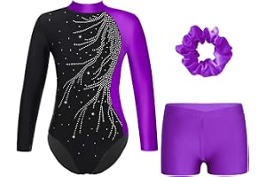 Alvivi Gymnastikdräkt för flickor, glitter, gymnastikdräkt med korta byxor, hårband långärmad, gymnastikbody, gymnastiktröja