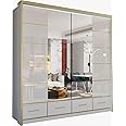 MN FURNITURE Sudenia High Gloss 2 & 3 Sliding Doors Wardrobe with Mirror, Drawers Cabinet with Storage Cabinets Hanging Rails Art Decor Closet in White, Black and Grey (White, 203cm)