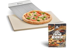 Pierre à pizza rectangulaire en cordiérite avec pelle à pizza en acier inox, pour la préparation du pain, de la tarte flambée et de la pizza, pierre réfractaire pour le barbecue - 45 x 34 x 1,5 cm