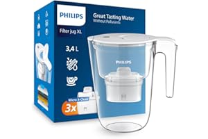 Philips Water XL Filter Jug +3 Taste+ Replacement Filter Cartridges, Fast flow, White, 3.4 litres, Electronic timer