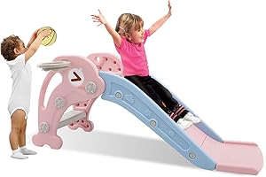 ‎SINBIDE Sinbide Rutsche, Kinder Fun-Slide mit Basketballkorb, Faltbar Kinderrutsche, Gartenrutsche Kleinkinderrutsche für ab 2 Jahren, Indoor & Outdoor Rutschbahn mit Rutschauslauf (rosa)