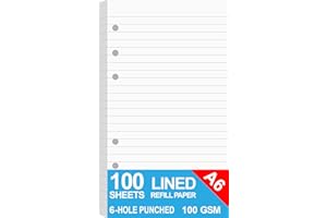NOKINGO Refills Paper - A6 Lined Paper for Filofax Personal Binder Planner, White 100gsm Ruled Pages, 6 Hole Punched, 100 Sheets/200 Pages, 9.5 x 17.1cm