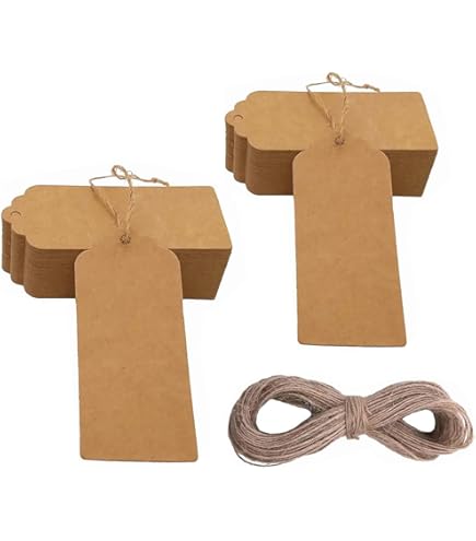 Nogeqi 100 stuks handgemaakte labels, cadeauhangers, rond, met liefde gemaakte hangers, bruine liefdeshanger, kraftpapier, ronde labels, handgemaakte etiketten met jute koord, 20 meter, voor bruiloft