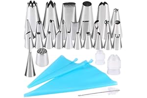 25 Puff Douilles Patisserie, Gyvazla 32 Pi¨¨ces en Acier Inoxydable DIY Kits, 2 Poches ¨¤ Douille r¨¦utilisable, 2 Coupleurs, Brosse, pour D¨¦coration de Gateaux