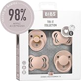 BIBS Try-it Pacifier, 0-6 Months, 4-Pack, Assorted Teats, Blush | Various Types of Teat | Natural Rubber Latex &amp; Silicone | S
