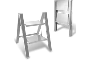 Yakimz Escalera de aluminio de 2 peldaños, con pedal ancho antideslizante, 150 kg de capacidad, escalera portátil plegable para oficina doméstica, pequeña y compacta