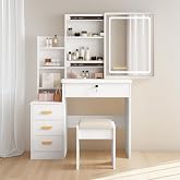 YuYe LED Lighted Dressing Table, Adjustable Brightness Mirror, Dressing Table with Stool, Dressing Table with 5 Drawers and 3
