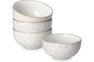 MALACASA LYDIA Bowl Set of 4, 420 ml, Stoneware Cereal Bowls with Relief Pattern, Small Dessert and Breakfast Bowls for Salad, Fruit, Beige