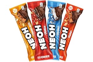 ‎NEOH NEOH Zero Zucker Low Carb Protein Crunch Riegel Mix | Schokolade, Himbeere, Kokosnuss, Karamell | 1g Zucker, 3g Netto-Kohlenhydrate pro Riegel | Alternative zu herkömmlichen Süßigkeiten | Probierpaket