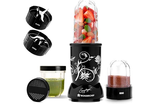 Wonderchef Nutri-blend 500W Mixer Grinder, 22000 RPM Motor, Smoothie Maker, Masala Grinder, Chutney Blender, 3 Unbreakable Jars, Recipe Book by Chef Sanjeev Kapoor, 2 Yr Warranty, Black