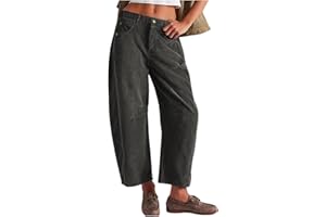 WANWEN Pantaloni Larghi in Velluto a Coste da Donna, Pantaloni a Botte in Velluto a Coste a Vita Media, Pantaloni a Vita Media in Velluto a Coste Elastiche