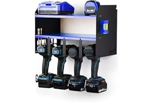 JBI MegaMaxx Power Tool and Drill Storage Unit Charging Station for 4 Tools and 2 Shelf - Wall Mount Toolbox and Accessories Rack Cabinet for Workshop, Garage, Shed, Drill Driver - Original UK Design