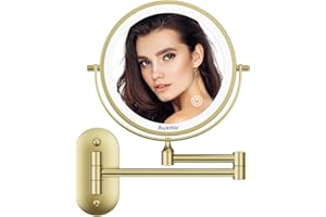 ‎AUXMIR Auxmir Lusterko do makijażu montowane na ścianie, 20 cm, dwustronne powiększające lusterko do golenia z 3 kolorowymi światłami, obrotowe o 360°, z wysuwanym ramieniem i przełącznikiem dotykowym, złote