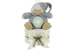 DUBISTDA -WINDELTORTEN- Gâteau de couches neutre | Doudou canard pour bébé avec veilleuse LED 35 cm | Cadeau de naissance fille / garçon | 21 pièces + carte de vœux (gris)