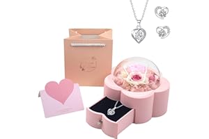 Ruucy Preserved Rose Gifts for Mom Girlfriend Wife, Eternal Rose Box with Necklace Earrings, Pink Forever Rose Romantic Gifts for Her Valentines Birthday Anniversary