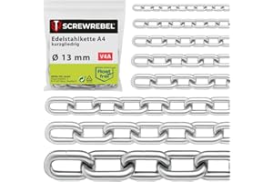 SCREW REBEL 13,0 mm starke Edelstahlkette A4 rostfrei, Schwerlastkette 0,5 m lang, kalibriert, Eisenkette kurzgliedrig DIN 766, Förderkette, Regenablaufkette V4A mit 50 cm Länge