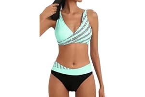 Sunnyuk Bikinis Mujer Traje de Baño Push Up Cintura Alta Reductor Bañador 2 Piezas con Relleno Conjuntos de Baño de Natacion Biquini Braga Alta Ropa de Playa Verano Cuello en V Tallas Grandes Bikini