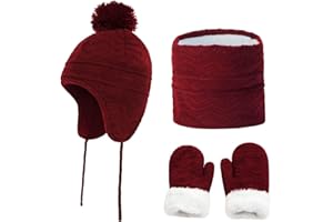 IBLUELOVER 3Pcs Ensemble Bonnet Tricoté Enfant Écharpe Gants d'hiver Cagoules Ski Chaud Tour De Cou Moufle Fille Garçon Bonnet Pompon avec Épaisse Doublure Polaire Chapeau Oreillette et Cache-Cou