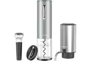 WIWONEY Korkenzieher Elektrisch Wiederaufladbar, 4 in 1 Set mit Automatischer Flaschenöffner, Elektrischer Weinbelüfter, Folienschneider und Vakuumstopfen, Geschenkset für Weinliebhaber, Silber