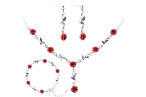 YOLEV Zestaw biżuterii z czerwoną różą wykwintny naszyjnik z wisiorkiem w kształcie kwiatu róży, bransoletka zwisające kolczyki, zestawy biżuterii dla kobiet na ślub (białe złoto), Stal stopowa, Bez kamieni